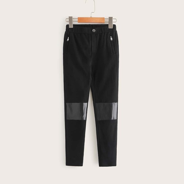 

Girls Zip Pocket Faux Leather Patch Pants, Black