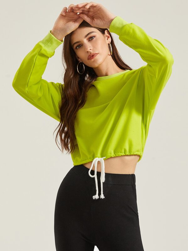 

Neon Lime Drawstring Hem Sweatshirt, Green, Mila