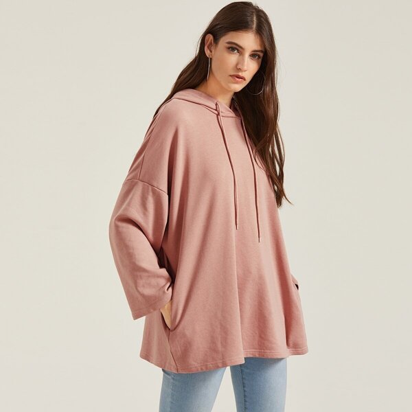 

Drawstring Detail Pocket Side Oversized Hoodie, Pink pastel