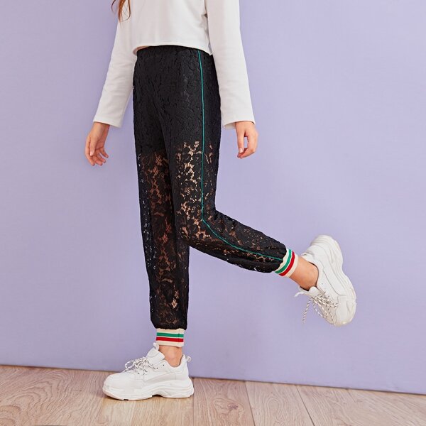 Girls Sheer Lace Insert Contrast Trim Pants, Black