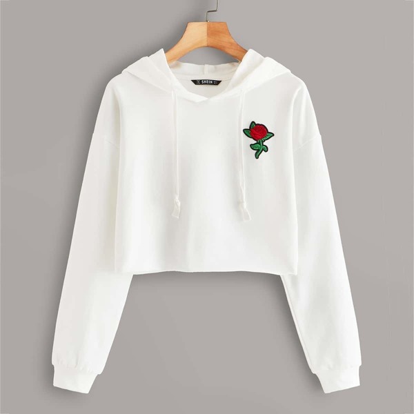 

Drawstring Detail Flower Patched Hoodie, White
