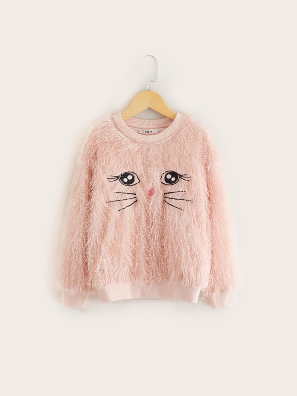 

Girls Drop Shoulder Embroidery Front Fuzzy Pullover, Pink