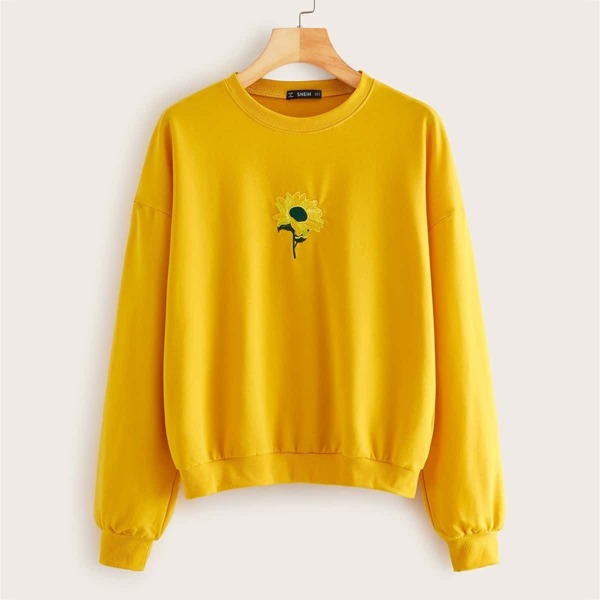 

Drop Shoulder Floral Embroidery Pullover, Yellow bright