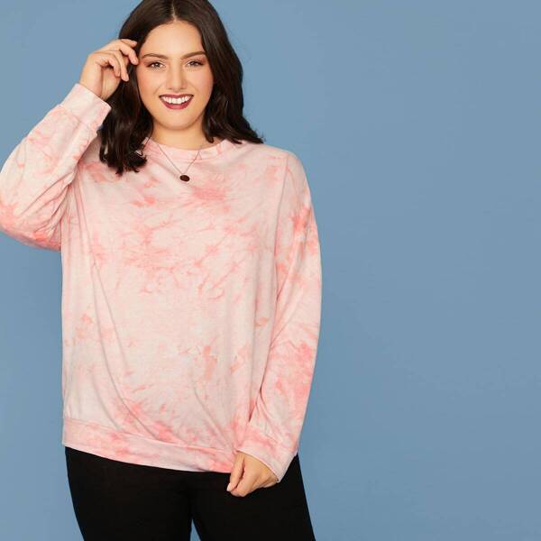

Plus Drop Shoulder Tie Dye Pullover, Pink
