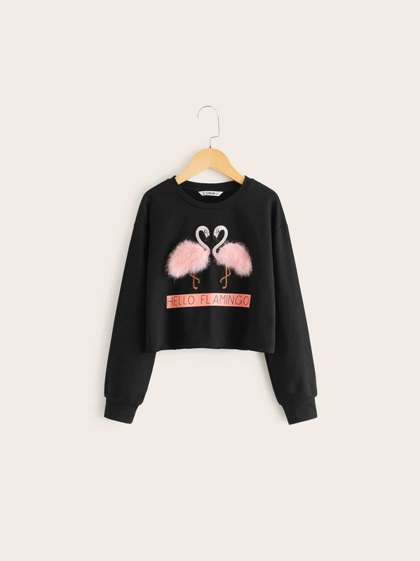 

Girls Contrast Faux Fur Graphic Print Pullover, Black