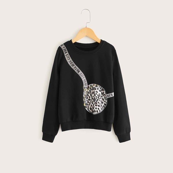 

Girls Leopard & Slogan Print Pullover, Black