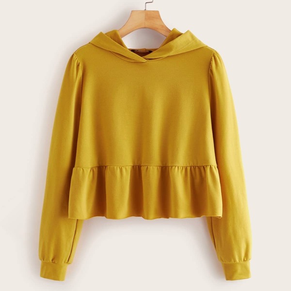 

Ruffle Hem Solid Hoodie, Yellow