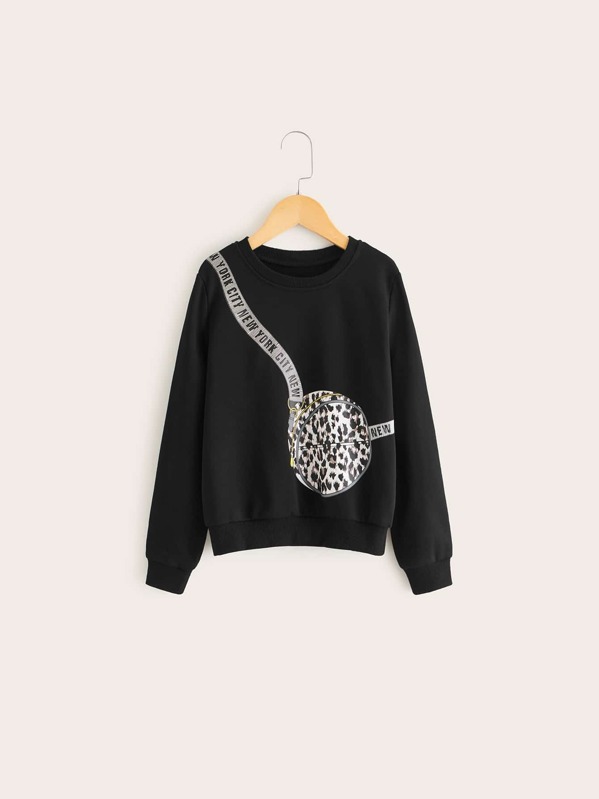 

Girls Leopard & Slogan Print Pullover, Black