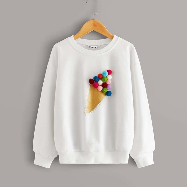 

Girls Drop Shoulder Pompom Detail Pullover, White