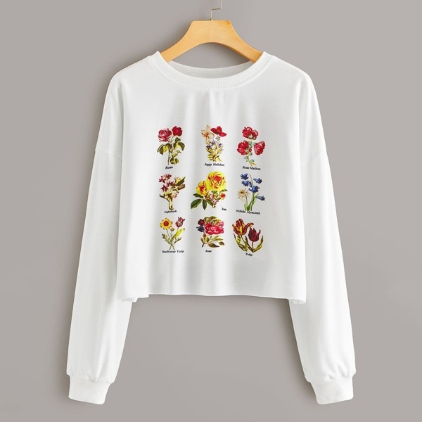 

Drop Shoulder Slogan and Floral Print Pullover, White