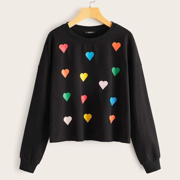 

Drop Shoulder Colorful Heart Print Sweatshirt