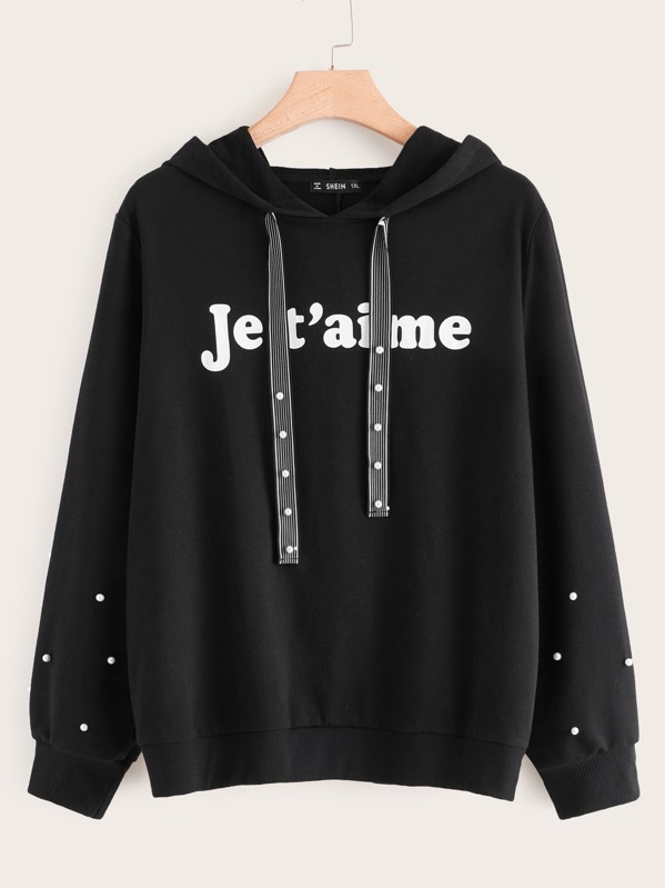 

Plus Letter Print Pearl Beaded Striped Drawstring Hoodie, Black