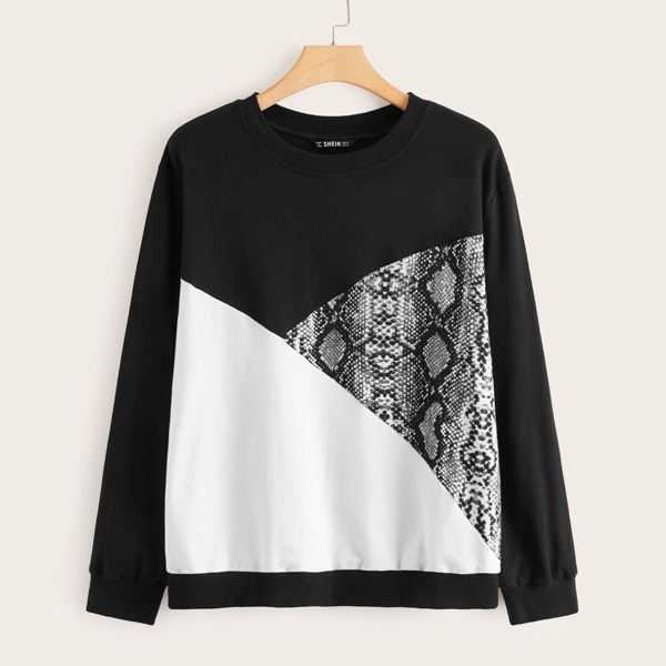 

Plus Snakeskin Print Colorblock Pullover, Multicolor