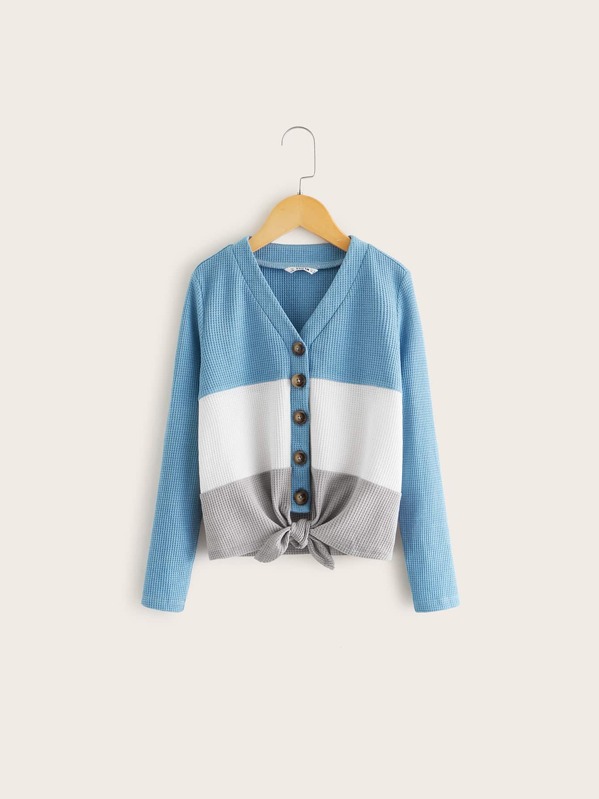 

Girls Buttoned Knot Hem Colorblock Waffle Knit Top, Multicolor