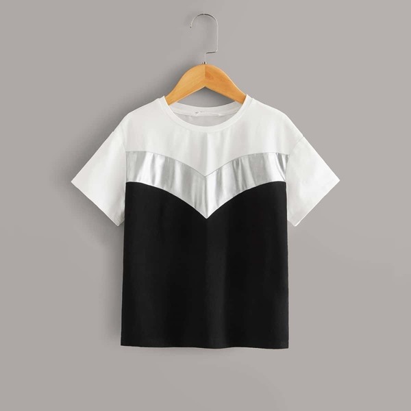 

Girls Color-block Metallic Panel Tee, Black and white