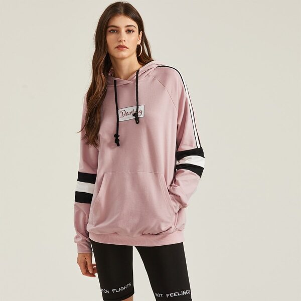 

Pocket Front Striped Raglan Sleeve Drawstring Hoodie, Pink pastel