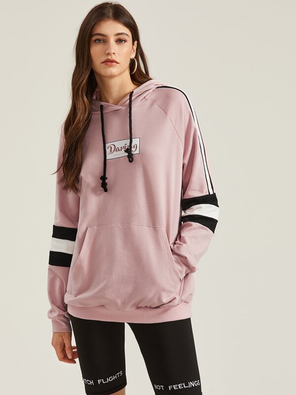 

Pocket Front Striped Raglan Sleeve Drawstring Hoodie, Pink, Mila