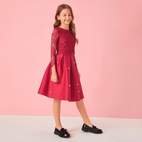 

Girls Lace Overlay Top & Pearls Beaded Skirt Set, Red bright