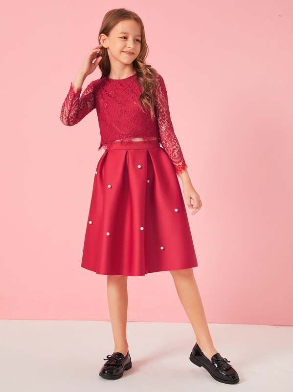 

Girls Lace Overlay Top & Pearls Beaded Skirt Set, Red, Sashab