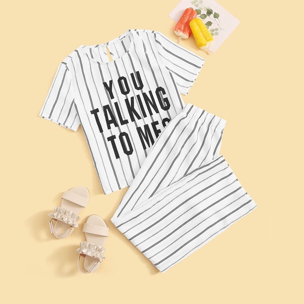 

Girls Slogan Graphic Striped Top & Pants Set, White