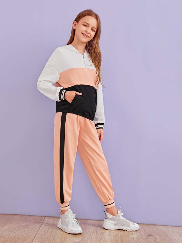

Girls Zip Half Placket Colorblock Hoodie & Sweatpants Set, Multicolor, Sashab