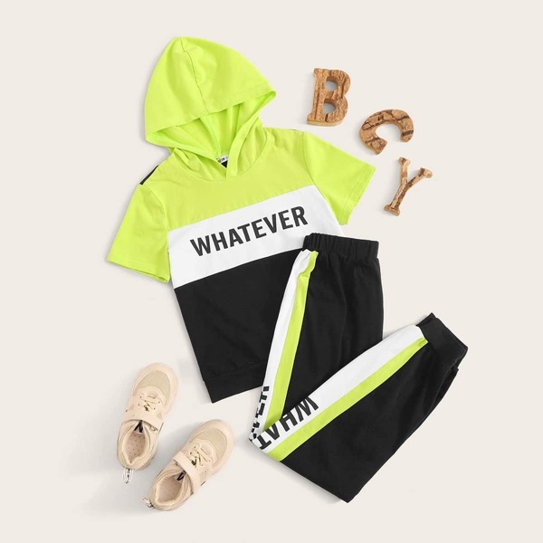 

Girls Letter Graphic Colorblock Hoodie & Pants Set, Multicolor