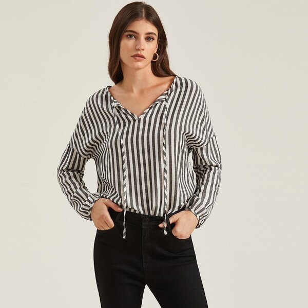 

Tie Neck Drop Shoulder Striped Top, Black and white