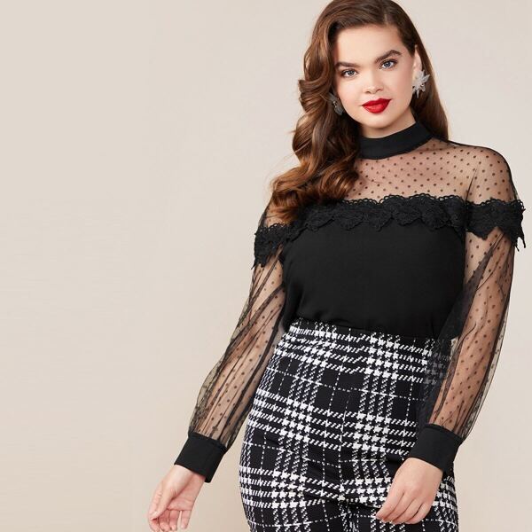 

Plus Mesh Sheer Yoke Guipure Lace Trim Top, Black