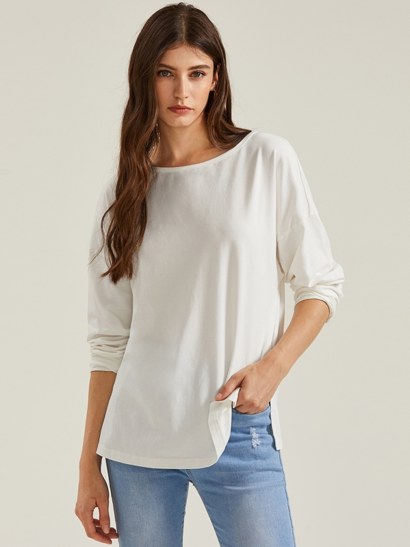 

Drop Shoulder Split Hem Solid Tee, White, Mila