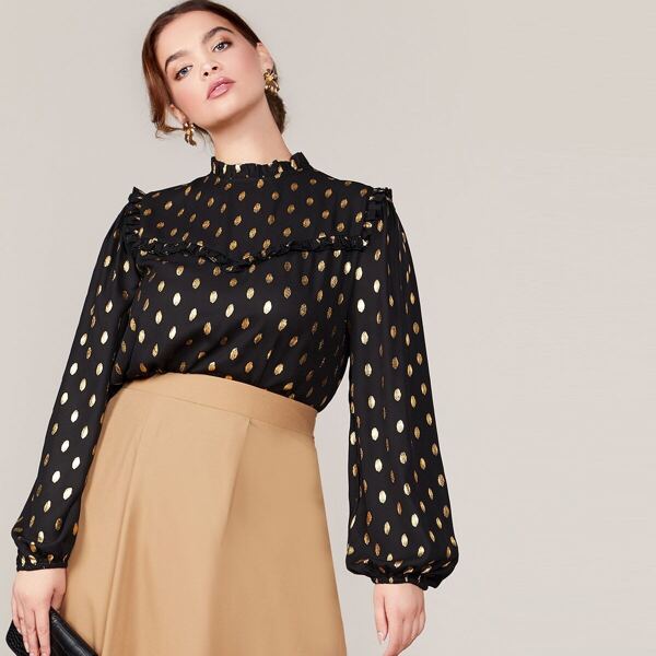 

Plus Frill Trim Gold Dot Print Top, Black