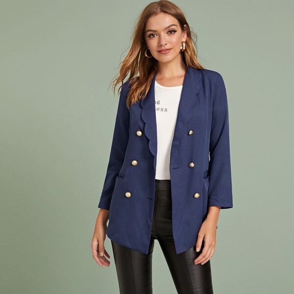 

Scallop Trim Double Breasted Blazer, Navy