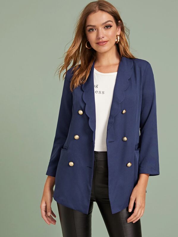 

Scallop Trim Double Breasted Blazer, Navy, Luiza