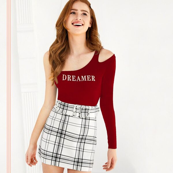 

One Shoulder Letter Print Cutout Tee, Burgundy