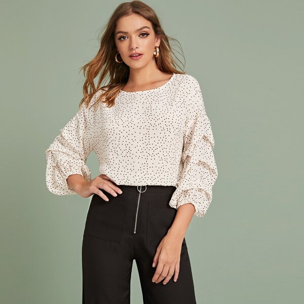 

Polka Dot Gathered Sleeve Top, Beige