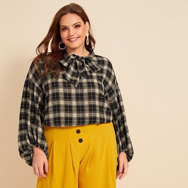

Plus Tie Neck Lantern Sleeve Plaid Top, Multicolor