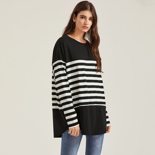 

Curved Hem Striped Tee, Black and white