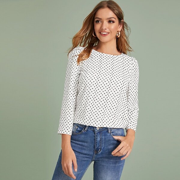 

Allover Heart Print Top, White