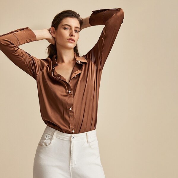

Premium Pearls Buttoned Curved Hem Satin Shirt, Brown