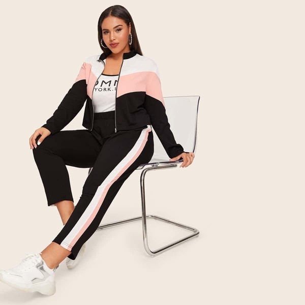 

Plus Zip Up Colorblock Sweatshirt & Striped Side Pants Set, Black