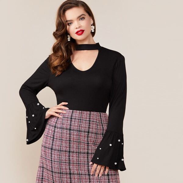 

Plus Cut Out Front Pearls Flounce Sleeve Bodysuit, Black
