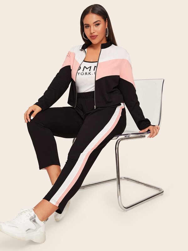 

Plus Zip Up Colorblock Sweatshirt & Striped Side Pants Set, Black, Emilie