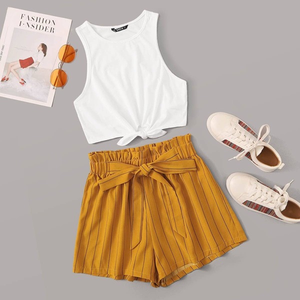 

Self-Tie Tank Top & Striped Paperbag Shorts Set, Multicolor