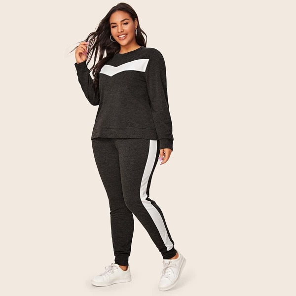 

Plus Marled Sweatshirt & Striped Side Joggers Set, Grey