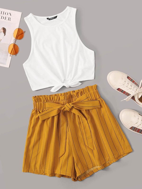 

Knot Hem Tank Top & Paperbag Waist Striped Shorts Set, Multicolor