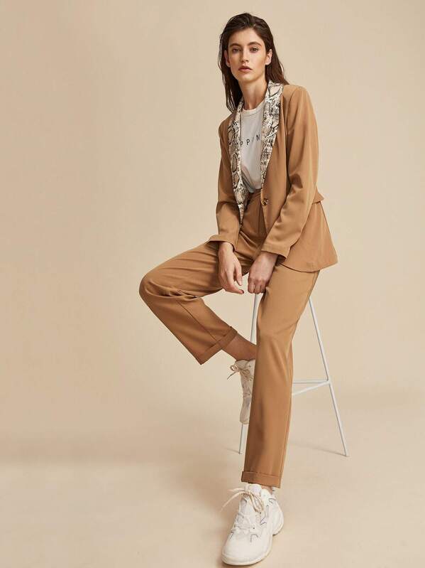 

Premium Snakeskin Shawl Collar Blazer & Dress Pants Set, Camel, Mila