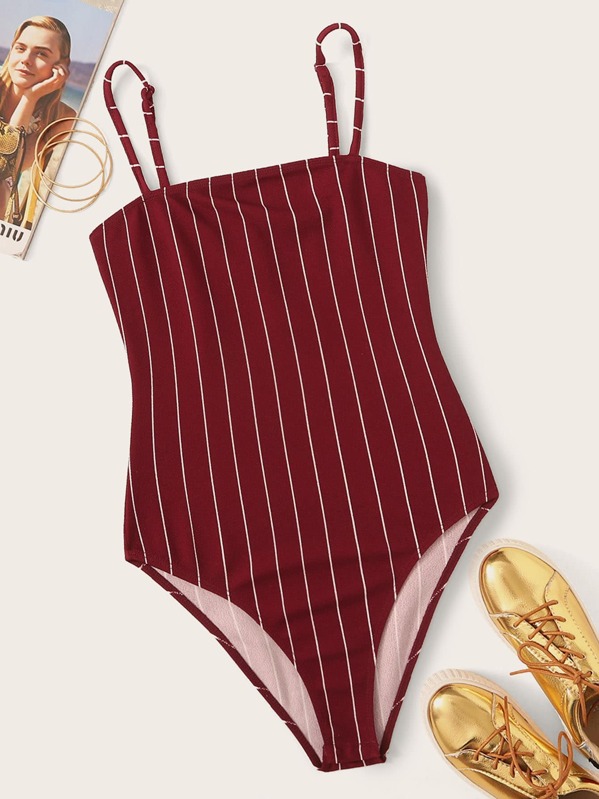 

Striped Print Skinny Cami Bodysuit, Burgundy