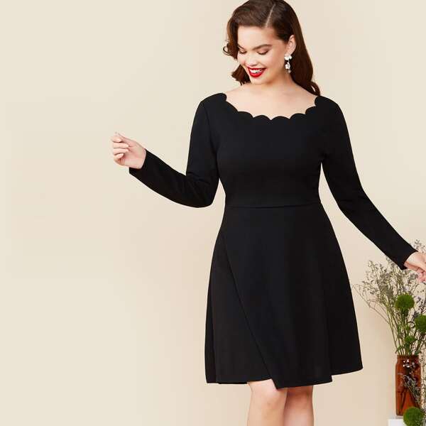 

Plus Scallop Trim Dress Without Belt, Black