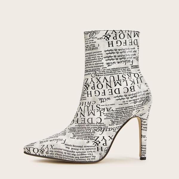 

Letter Print Point Toe Side Zip Stiletto Boots
