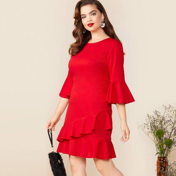

Plus Bell Sleeve Ruffle Dress Without Belt, Red bright