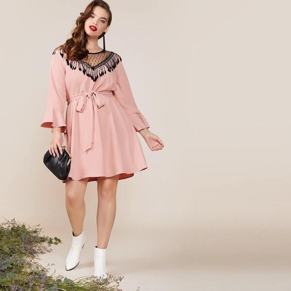

Plus Bell Sleeve Mesh Yoke Fringe Belted Dress, Pink pastel